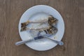 Two fish bone with head and knife and fork on white plate, close up Royalty Free Stock Photo