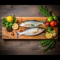 two fish on a cutting board with vegetables and herbs Royalty Free Stock Photo