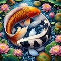 Two fish koi in a lotus pond, male a sign of Yin Yang symbol, flower, chinese style, real picture Royalty Free Stock Photo