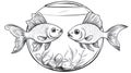 Two Goldfish Face to Face in a Black and White Fish Bowl with Rocks and Plants Royalty Free Stock Photo