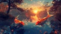 Two fish swimming in a pond at sunset with trees and sky behind them, AI Royalty Free Stock Photo