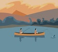 Two fisherman make social distancing in a yellow canoe is silhouetted against the blazing orange sky of a setting sun.