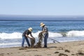 Two Fishermen at a daytime beach untangle lines from seaweed Royalty Free Stock Photo