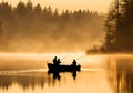 Two fishermen fishing in a misty and sunny lake. Royalty Free Stock Photo