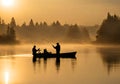 Two fishermen fishing in a misty and sunny lake.