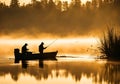Two fishermen fishing in a misty and sunny lake. Royalty Free Stock Photo