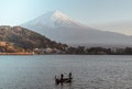 Two fishermen fishing on a boat at Lake Kawaguchi with Mount Fuji Royalty Free Stock Photo