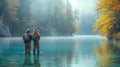 Two fishermen wading in a misty lake during autumn. Peaceful fishing scene with fall colors