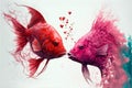 Two fishes are kissing. Beautiful watercolor effect. Valentine's Day, love. Couple, relationship. Postcard, greeting