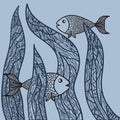 Two fishes in sea weed. Adult antistress coloring page. Hand drawn doodle oceanic animal.