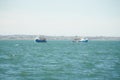 Two fishing boat, trawlers fishing Razor fish in an open Irish sea. Food industry, traditional craft, environmental damage concept