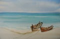 Two fishing boats on the beautiful beach with blue sea