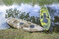 Two fishing single seat kayak on the river Royalty Free Stock Photo