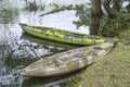 Two fishing single seat kayak on the river Royalty Free Stock Photo