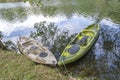 Two fishing single seat kayak on the river Royalty Free Stock Photo