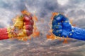 Two fist with the flag of Spain and European Union faced at each other Royalty Free Stock Photo