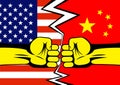 Two fists against the background of American and China flags.