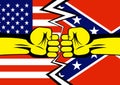 Two fists against the background of the American and Confederate rebel flags.