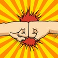 Two fists bumping together vector illustration, two hands with fists in air punching, concept of fight, strength cartoon Royalty Free Stock Photo