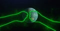 Two fists collide, bumping in space among planet earth rotating, stars. Abstraction, 3d render, neon glowing lines and