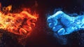 Two fists, one engulfed in flames and the other in ice, clash in a dramatic display of fire and ice elements. The Royalty Free Stock Photo