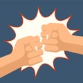 Two fists punching each other, flat style pattern. Fist bump illustration background. Two hands in air bumping together, punching