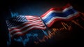 Two flags, American and Thai, are flapping together with financial graph overlay, symbolizing economic relations Royalty Free Stock Photo