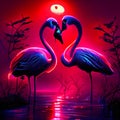 Two flamingos in love in the night on a lake with a full moon generative AI Royalty Free Stock Photo