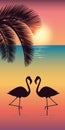 Two flamingos and palm tree silhouette on colorful beach at sunset Royalty Free Stock Photo