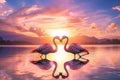 Two flamingos are seen standing in the water as the sun sets, Two flamingos forming a heart against a beautiful sunset by the lake Royalty Free Stock Photo