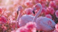 Two flamingos standing in a field of pink flowers, AI Royalty Free Stock Photo