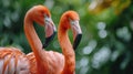 Two flamingos standing next to each other with their heads turned, AI
