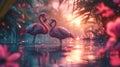 Two flamingos standing in water with pink flowers around them, AI