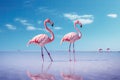 Two flamingos standing in the water at Salar de Uyuni, Bolivia, Group birds of pink african flamingos walking around the blue