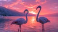 Two flamingos standing in the water at sunset with a beautiful sky, AI
