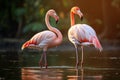 Two flamingos in the water at sunset, close-up, Greater flamingo Phoenicopterus roseus, AI Generated Royalty Free Stock Photo