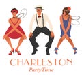 Two flapper girls and one man dancing Charleston. Royalty Free Stock Photo