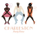 Two flapper girls and one man dancing Charleston. Royalty Free Stock Photo