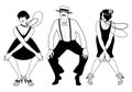Two flapper girls and one man dancing Charleston. Royalty Free Stock Photo
