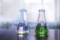 Two flask with water and green nature solution in agricultural biotechnology research and education laboratory background