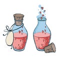 Two flasks with hearts icon in hand drawn style. Love elixir.