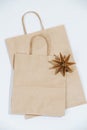 Two flat paper bags with rope handles and origami star on a white surface.