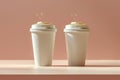 Two flat white paper cups in the air, high quality, high resolution Royalty Free Stock Photo