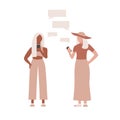 Two flat women chat with each other. Cartoon characters with speech bubbles. Vector.