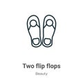 Two flip flops outline vector icon. Thin line black two flip flops icon, flat vector simple element illustration from editable Royalty Free Stock Photo