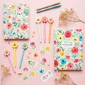 Two floral-patterned notebooks lie on a light pink background. Several flower-themed Royalty Free Stock Photo