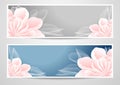 Two flowers banners on blue grey background