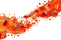 Two flows of bright red fresh tomato juice pour and connect in air with flying pulpy tomatoes, dynamic splashes, drops, isolated. Royalty Free Stock Photo