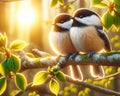 Two Fluffy Beautiful Black-capped Chickadees Springtime Morning Sunrise Tree Branch AI Generated