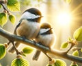 Two Fluffy Beautiful Black-capped Chickadees Springtime Morning Sunrise Tree Branch AI Generated